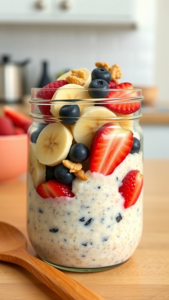 A jar of healthy overnight oats with berries and bananas on a kitchen counter.